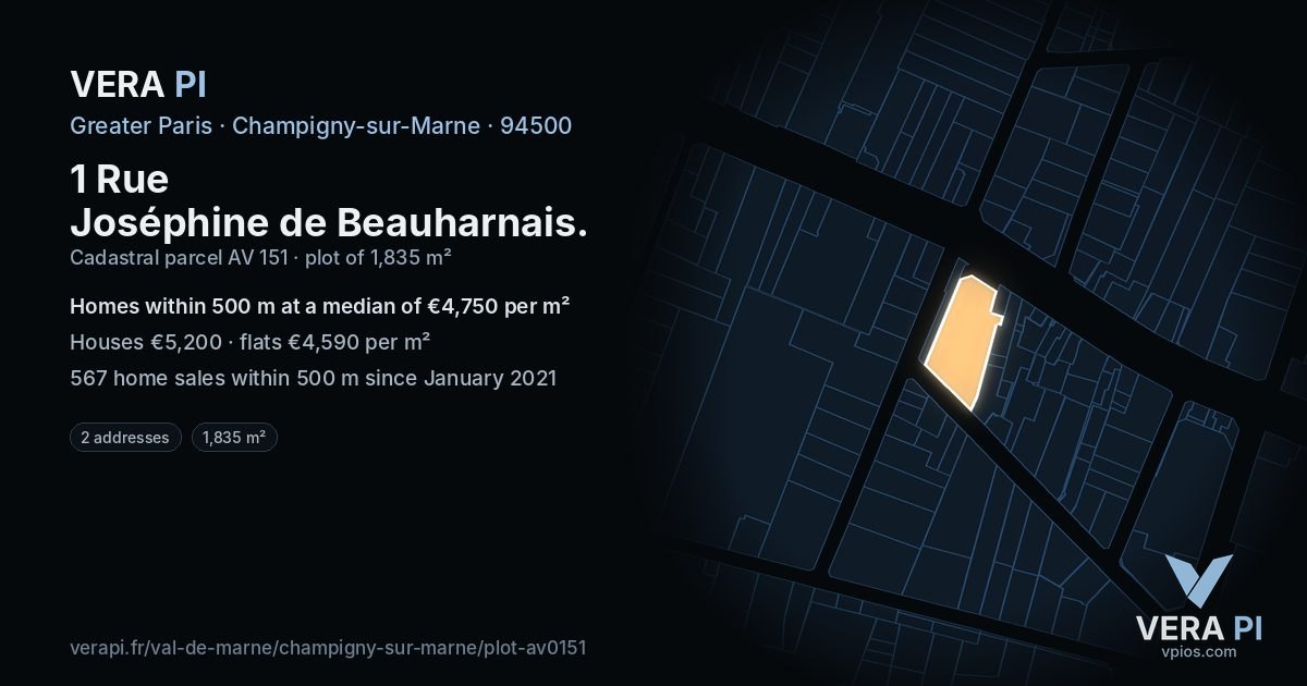 1 Rue Joséphine de Beauharnais, Champigny-sur-Marne at night – the plot lit, the parcels around coloured by the prices near them