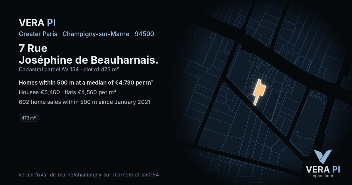 7 Rue Joséphine de Beauharnais, Champigny-sur-Marne at night – the plot lit, the parcels around coloured by the prices near them