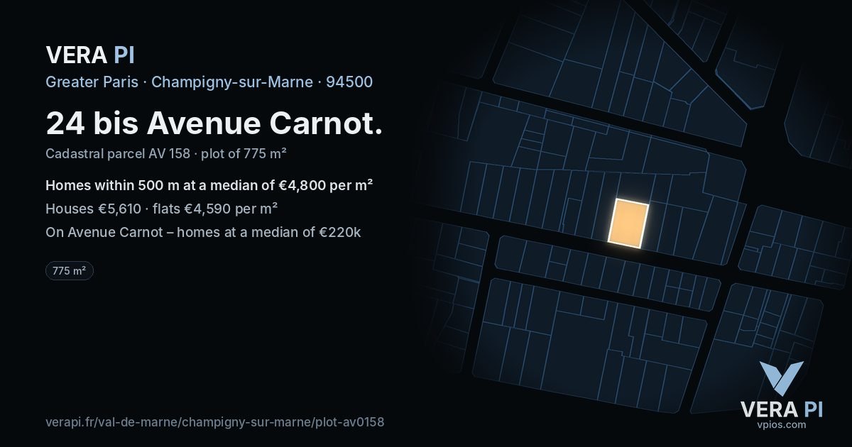 24 bis Avenue Carnot, Champigny-sur-Marne at night – the plot lit, the parcels around coloured by the prices near them