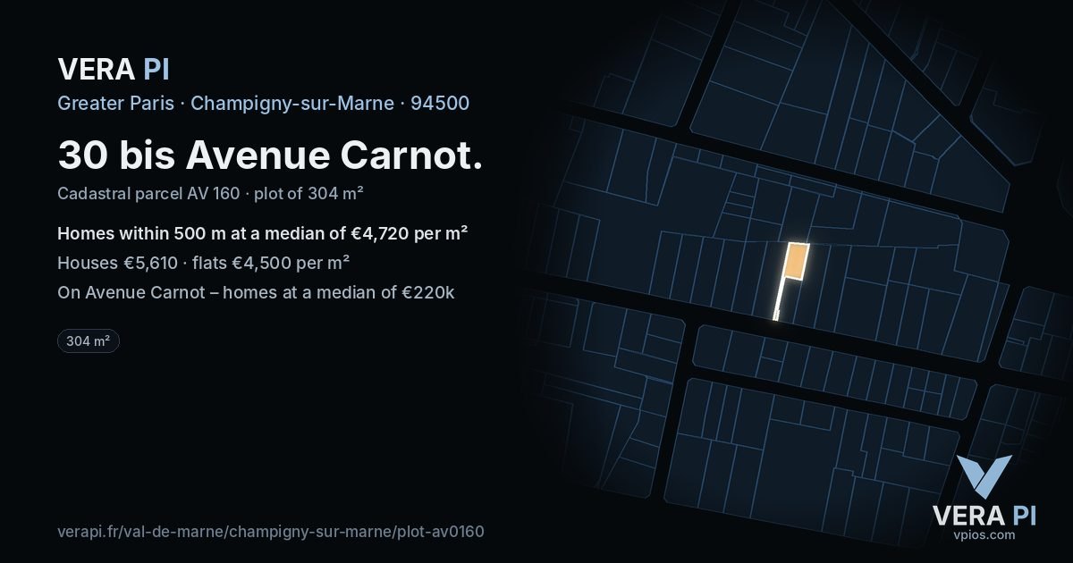30 bis Avenue Carnot, Champigny-sur-Marne at night – the plot lit, the parcels around coloured by the prices near them