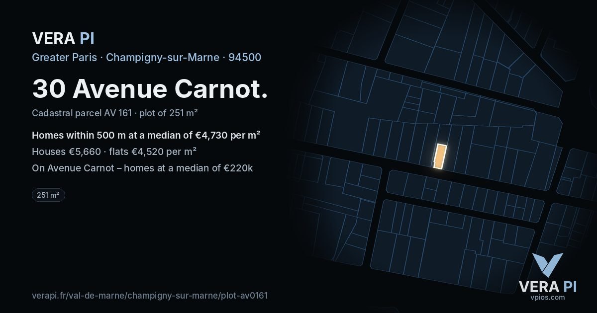 30 Avenue Carnot, Champigny-sur-Marne at night – the plot lit, the parcels around coloured by the prices near them