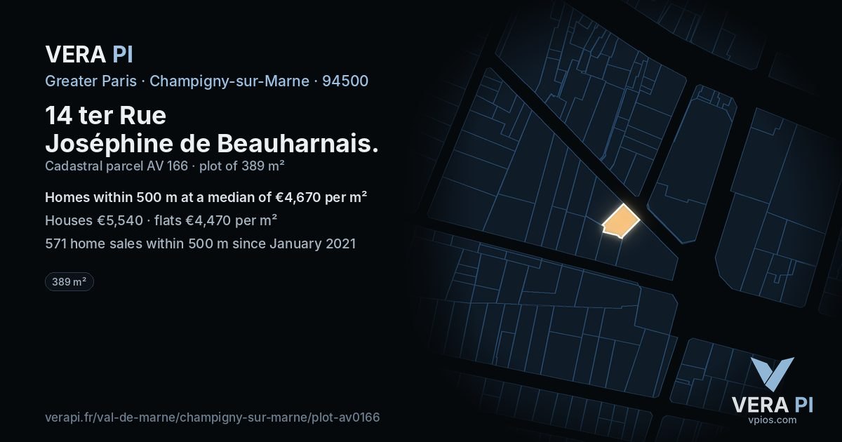 14 ter Rue Joséphine de Beauharnais, Champigny-sur-Marne at night – the plot lit, the parcels around coloured by the prices near them