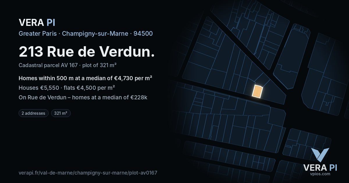 213 Rue de Verdun, Champigny-sur-Marne at night – the plot lit, the parcels around coloured by the prices near them