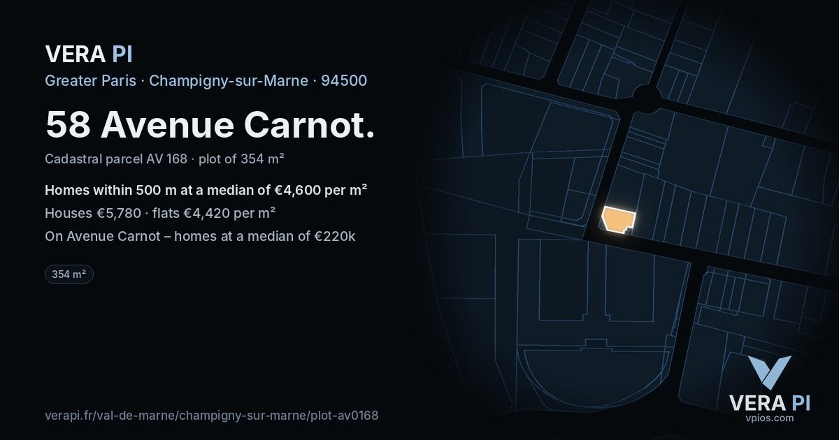 58 Avenue Carnot, Champigny-sur-Marne at night – the plot lit, the parcels around coloured by the prices near them