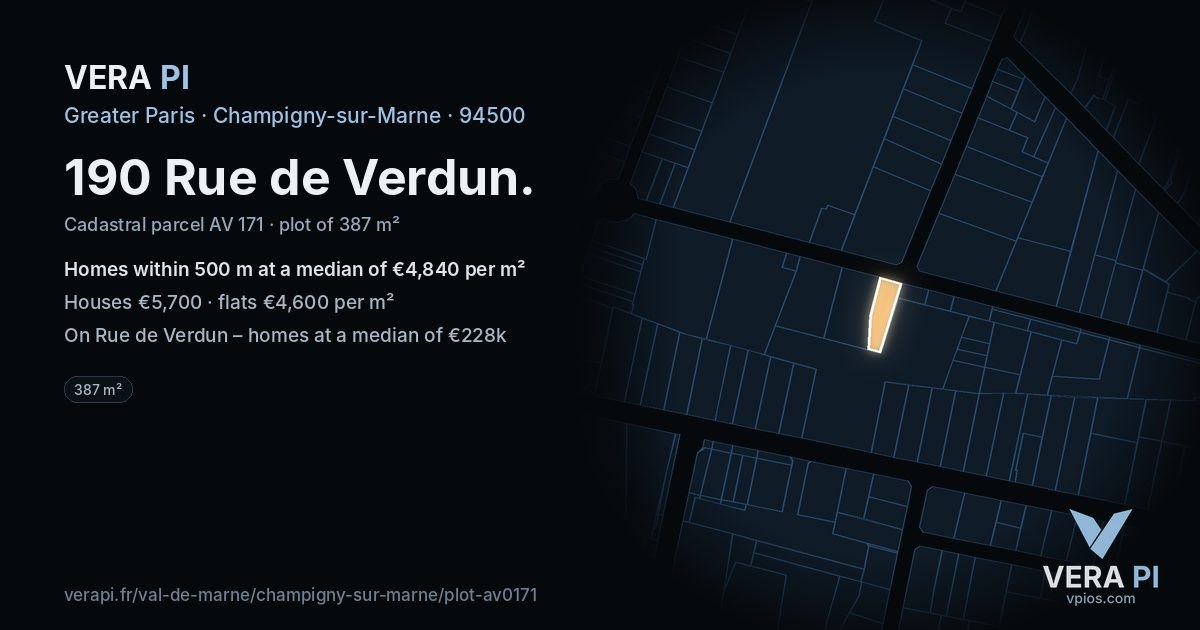 190 Rue de Verdun, Champigny-sur-Marne at night – the plot lit, the parcels around coloured by the prices near them