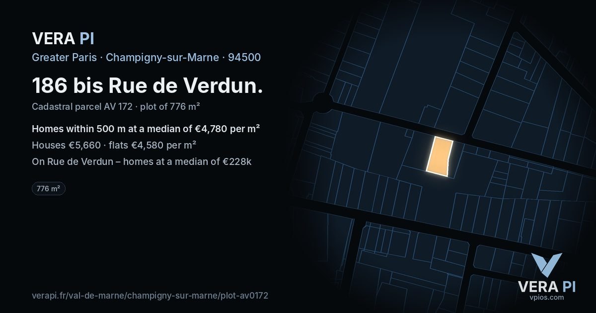 186 bis Rue de Verdun, Champigny-sur-Marne at night – the plot lit, the parcels around coloured by the prices near them