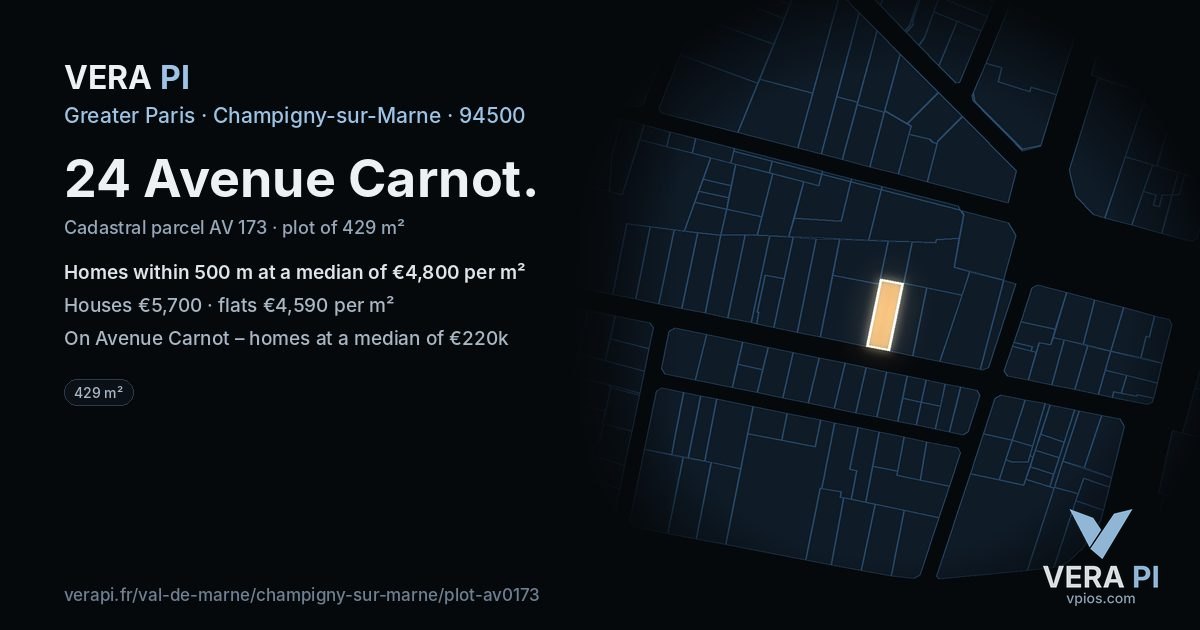 24 Avenue Carnot, Champigny-sur-Marne at night – the plot lit, the parcels around coloured by the prices near them