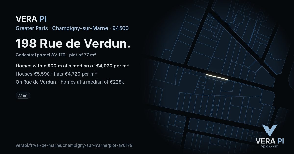 198 Rue de Verdun, Champigny-sur-Marne at night – the plot lit, the parcels around coloured by the prices near them