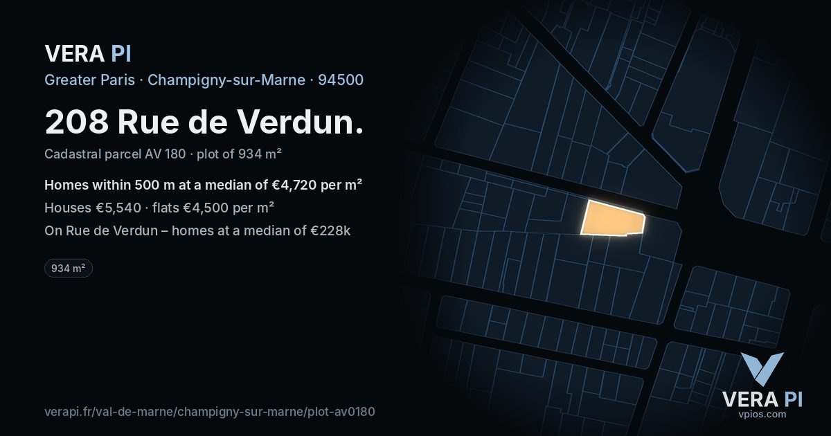 208 Rue de Verdun, Champigny-sur-Marne at night – the plot lit, the parcels around coloured by the prices near them