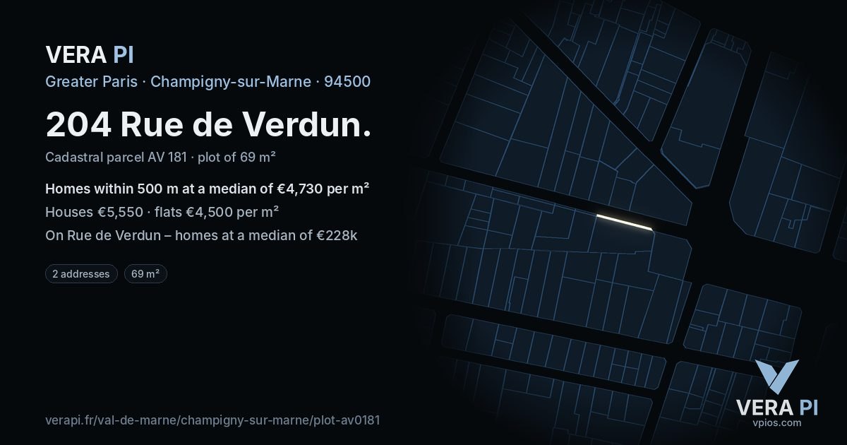 204 Rue de Verdun, Champigny-sur-Marne at night – the plot lit, the parcels around coloured by the prices near them