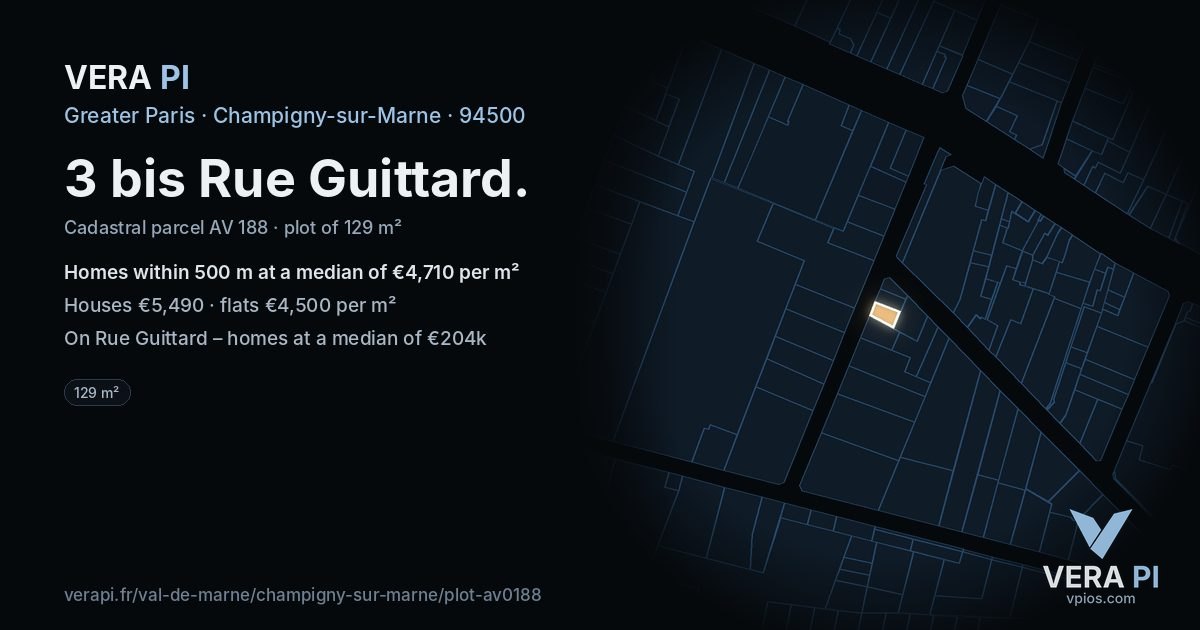 3 bis Rue Guittard, Champigny-sur-Marne at night – the plot lit, the parcels around coloured by the prices near them