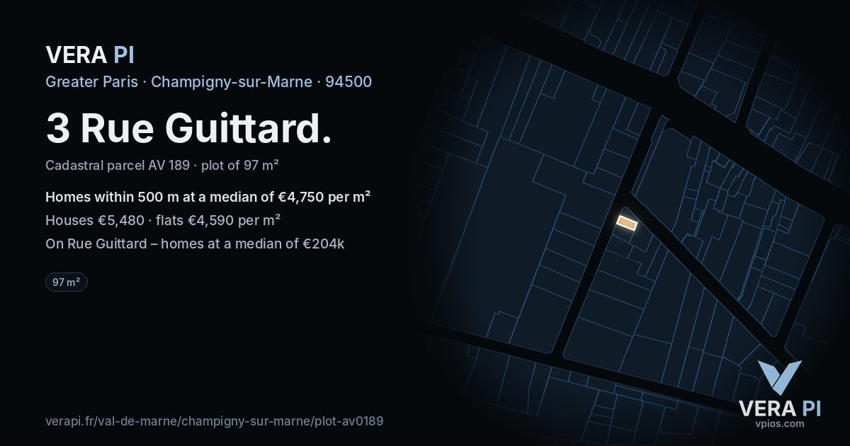 3 Rue Guittard, Champigny-sur-Marne at night – the plot lit, the parcels around coloured by the prices near them