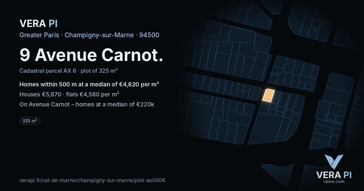 9 Avenue Carnot, Champigny-sur-Marne at night – the plot lit, the parcels around coloured by the prices near them