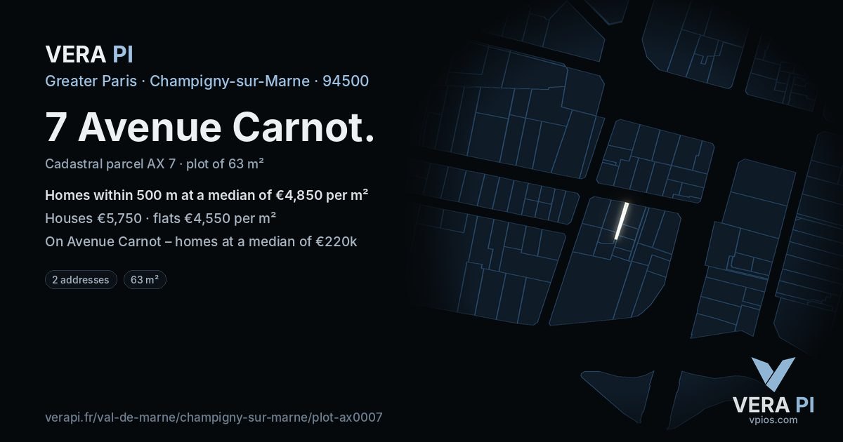 7 Avenue Carnot, Champigny-sur-Marne at night – the plot lit, the parcels around coloured by the prices near them