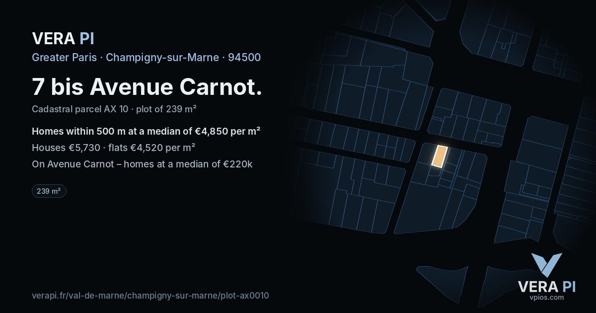 7 bis Avenue Carnot, Champigny-sur-Marne at night – the plot lit, the parcels around coloured by the prices near them