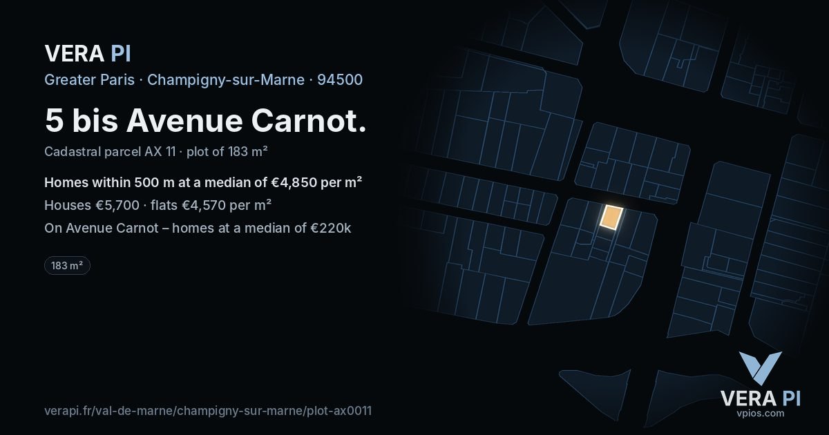 5 bis Avenue Carnot, Champigny-sur-Marne at night – the plot lit, the parcels around coloured by the prices near them