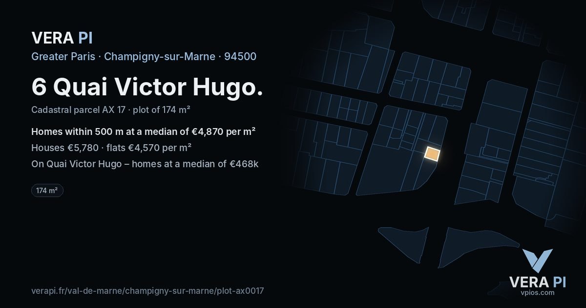 6 Quai Victor Hugo, Champigny-sur-Marne at night – the plot lit, the parcels around coloured by the prices near them