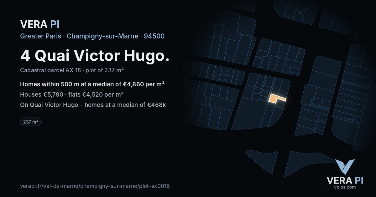 4 Quai Victor Hugo, Champigny-sur-Marne at night – the plot lit, the parcels around coloured by the prices near them