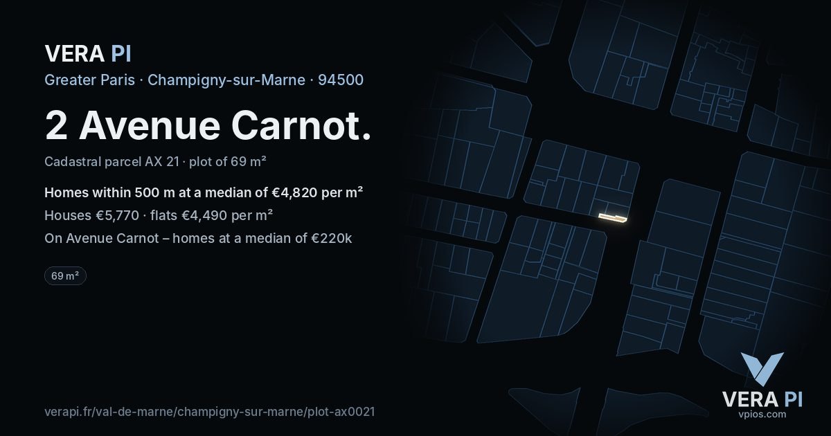 2 Avenue Carnot, Champigny-sur-Marne at night – the plot lit, the parcels around coloured by the prices near them