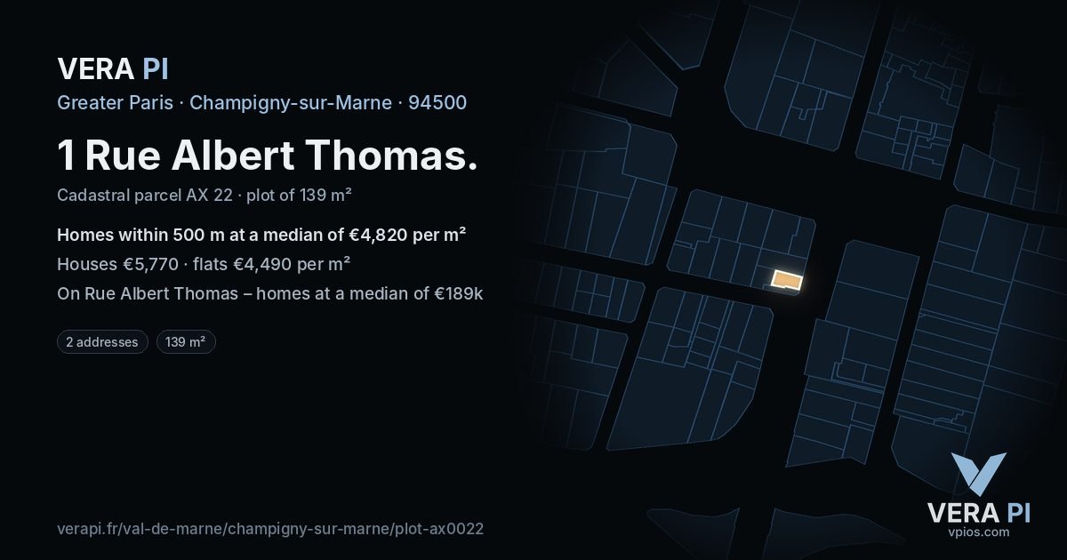 1 Rue Albert Thomas, Champigny-sur-Marne at night – the plot lit, the parcels around coloured by the prices near them