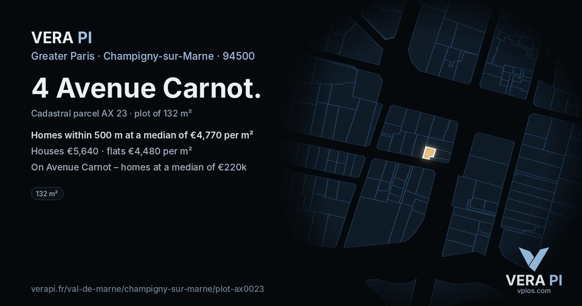 4 Avenue Carnot, Champigny-sur-Marne at night – the plot lit, the parcels around coloured by the prices near them
