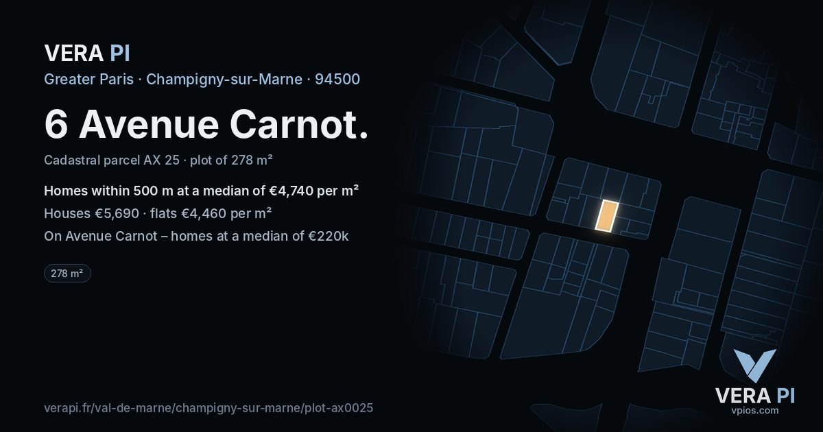 6 Avenue Carnot, Champigny-sur-Marne at night – the plot lit, the parcels around coloured by the prices near them