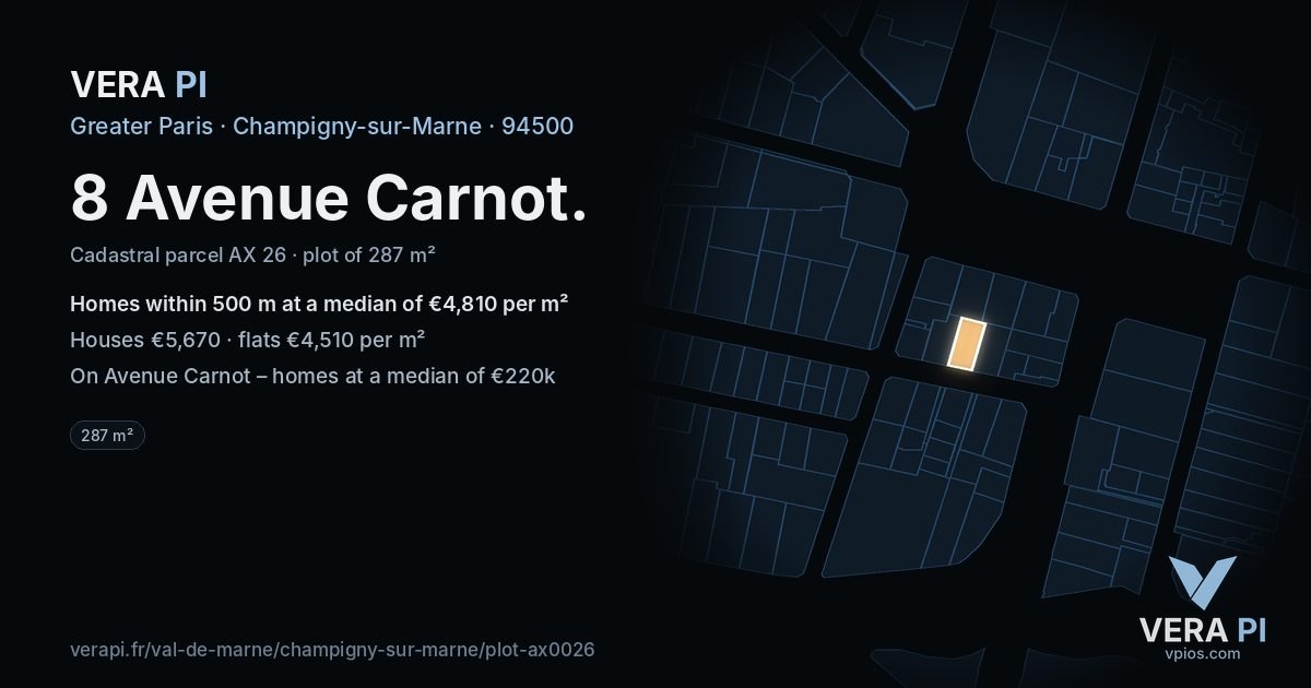 8 Avenue Carnot, Champigny-sur-Marne at night – the plot lit, the parcels around coloured by the prices near them