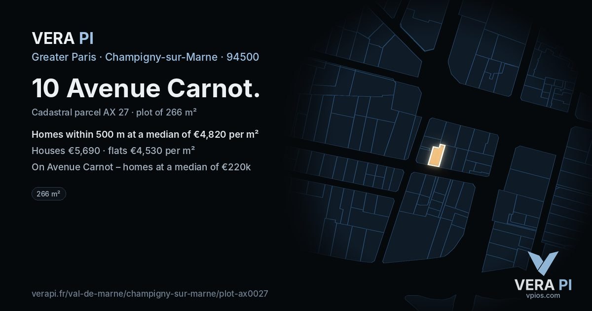 10 Avenue Carnot, Champigny-sur-Marne at night – the plot lit, the parcels around coloured by the prices near them