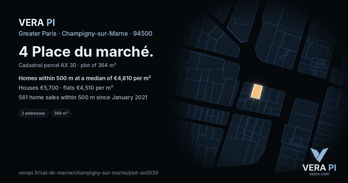 4 Place du marché, Champigny-sur-Marne at night – the plot lit, the parcels around coloured by the prices near them