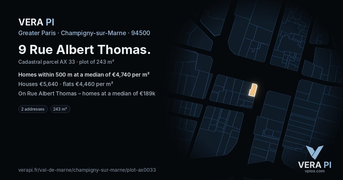 9 Rue Albert Thomas, Champigny-sur-Marne at night – the plot lit, the parcels around coloured by the prices near them