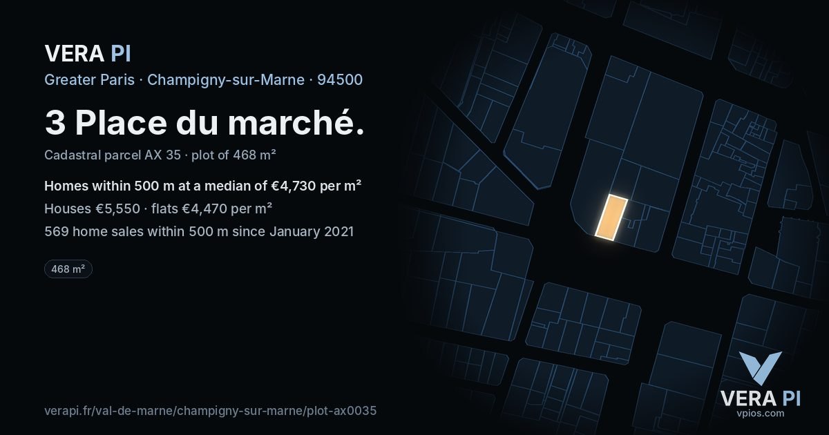 3 Place du marché, Champigny-sur-Marne at night – the plot lit, the parcels around coloured by the prices near them