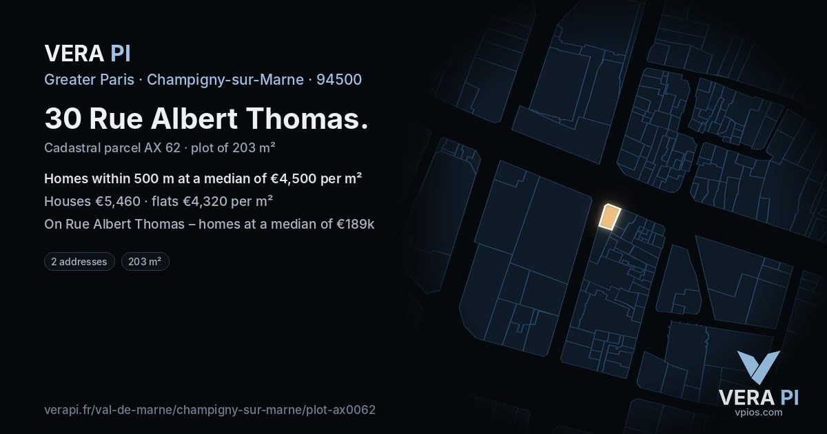 30 Rue Albert Thomas, Champigny-sur-Marne at night – the plot lit, the parcels around coloured by the prices near them