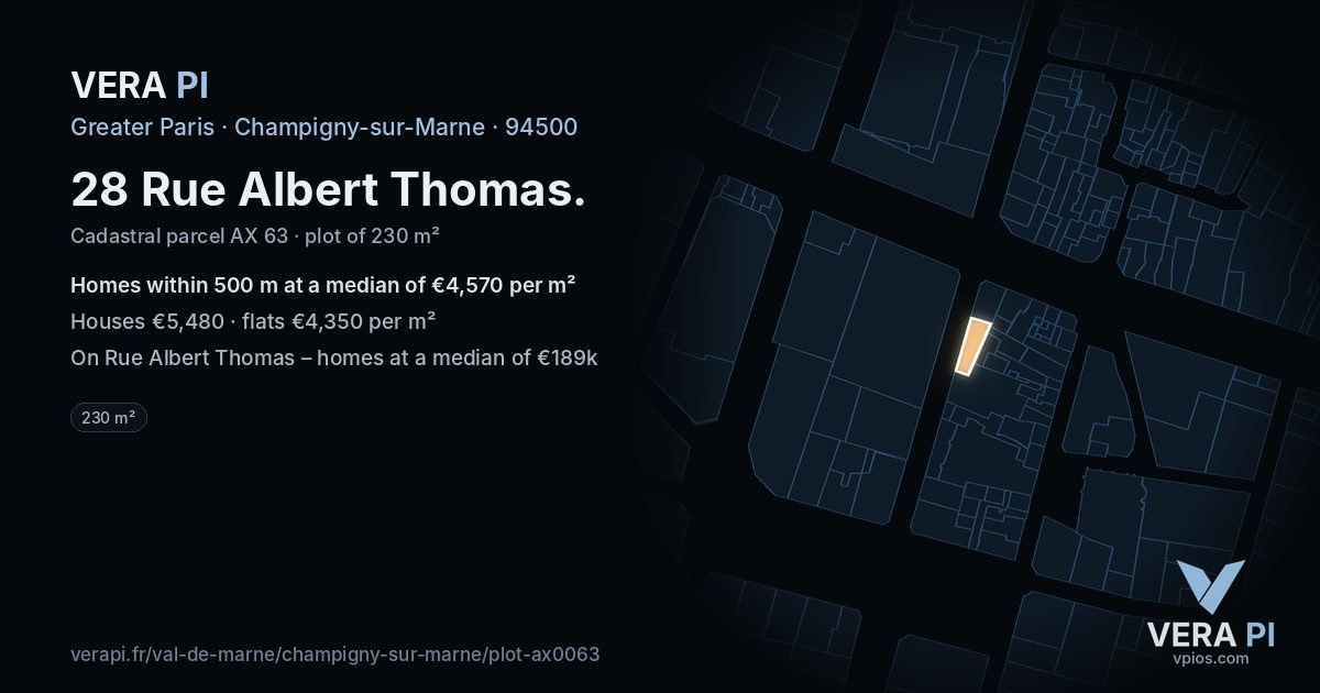 28 Rue Albert Thomas, Champigny-sur-Marne at night – the plot lit, the parcels around coloured by the prices near them