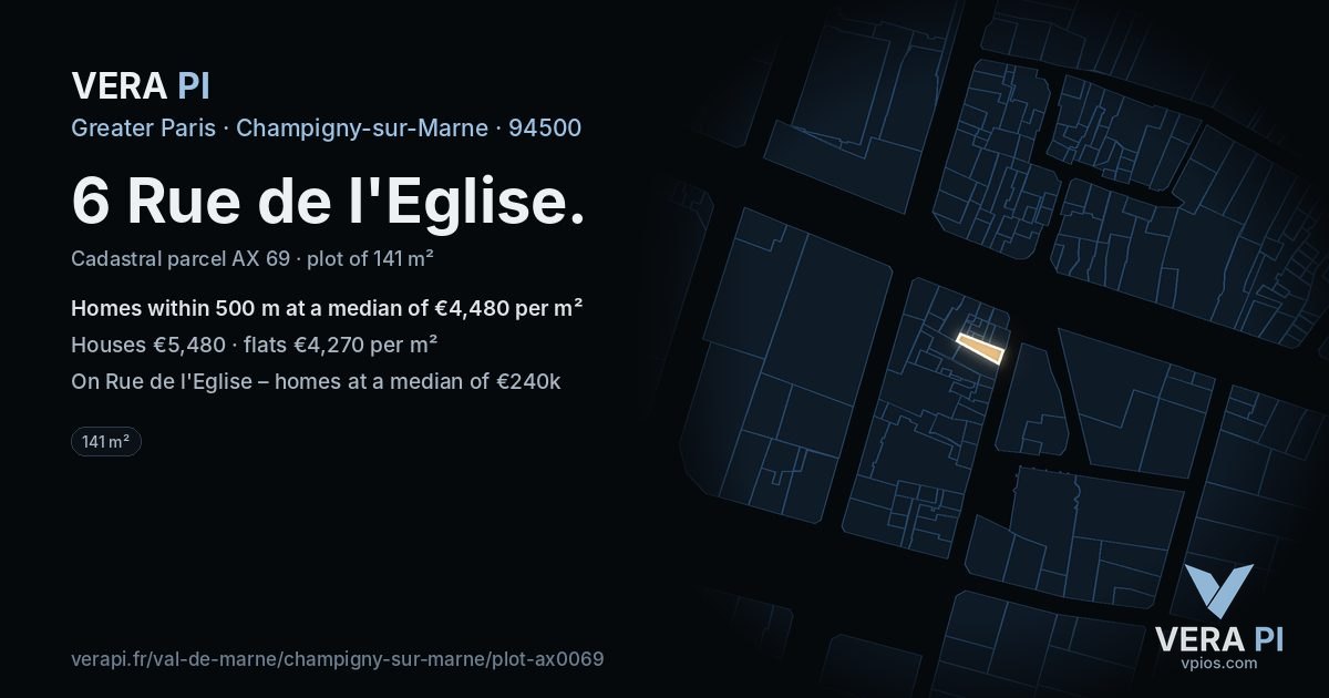 6 Rue de l'Eglise, Champigny-sur-Marne at night – the plot lit, the parcels around coloured by the prices near them