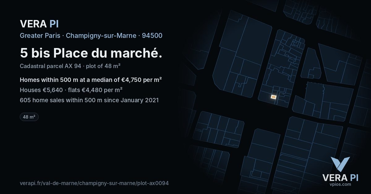 5 bis Place du marché, Champigny-sur-Marne at night – the plot lit, the parcels around coloured by the prices near them