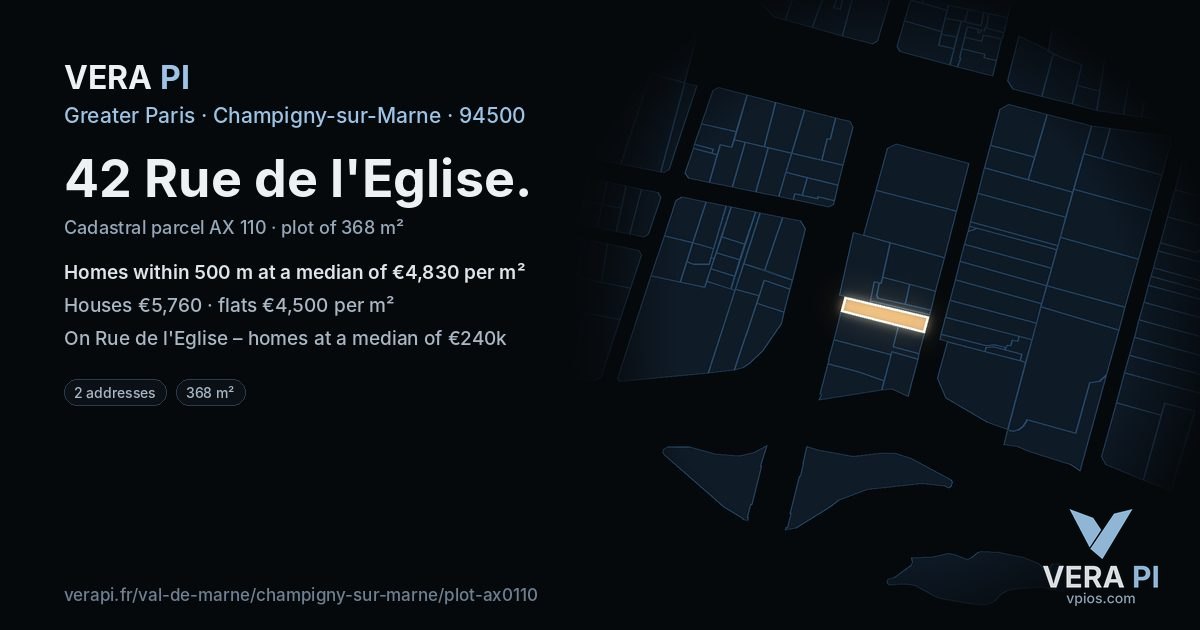 42 Rue de l'Eglise, Champigny-sur-Marne at night – the plot lit, the parcels around coloured by the prices near them