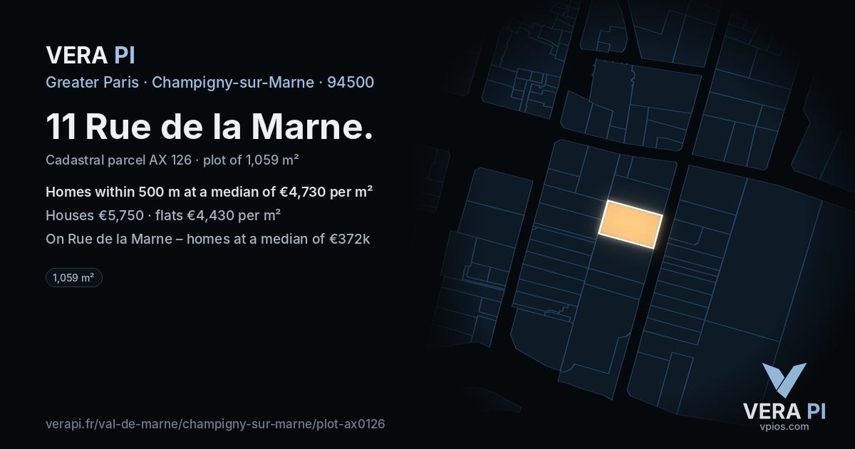 11 Rue de la Marne, Champigny-sur-Marne at night – the plot lit, the parcels around coloured by the prices near them