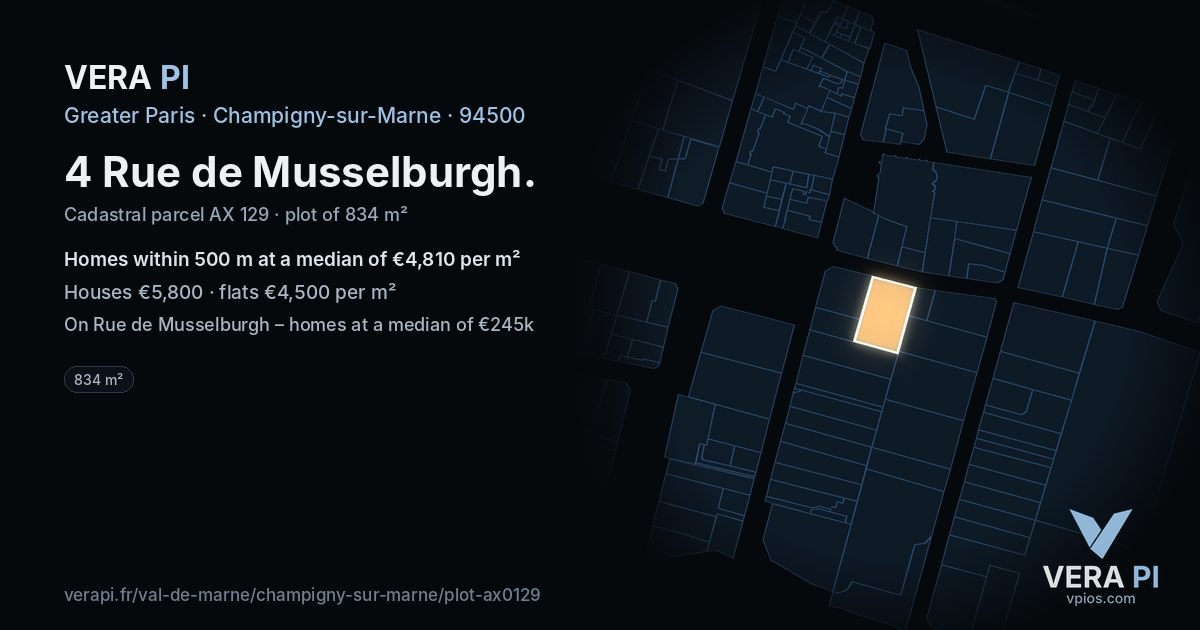 4 Rue de Musselburgh, Champigny-sur-Marne at night – the plot lit, the parcels around coloured by the prices near them