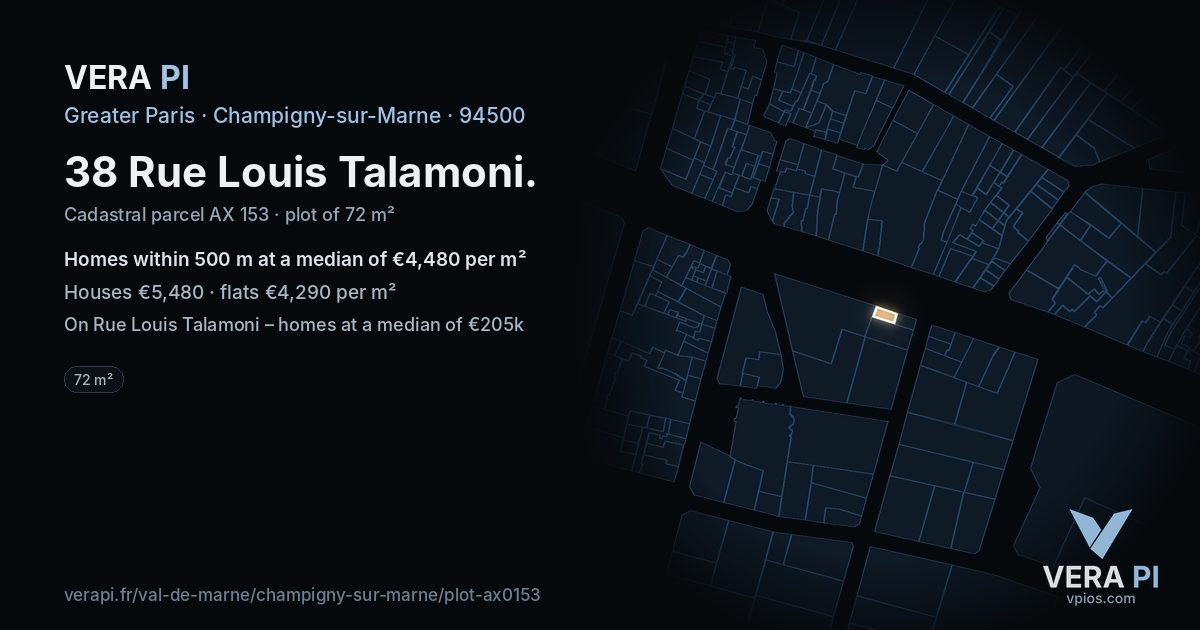 38 Rue Louis Talamoni, Champigny-sur-Marne at night – the plot lit, the parcels around coloured by the prices near them