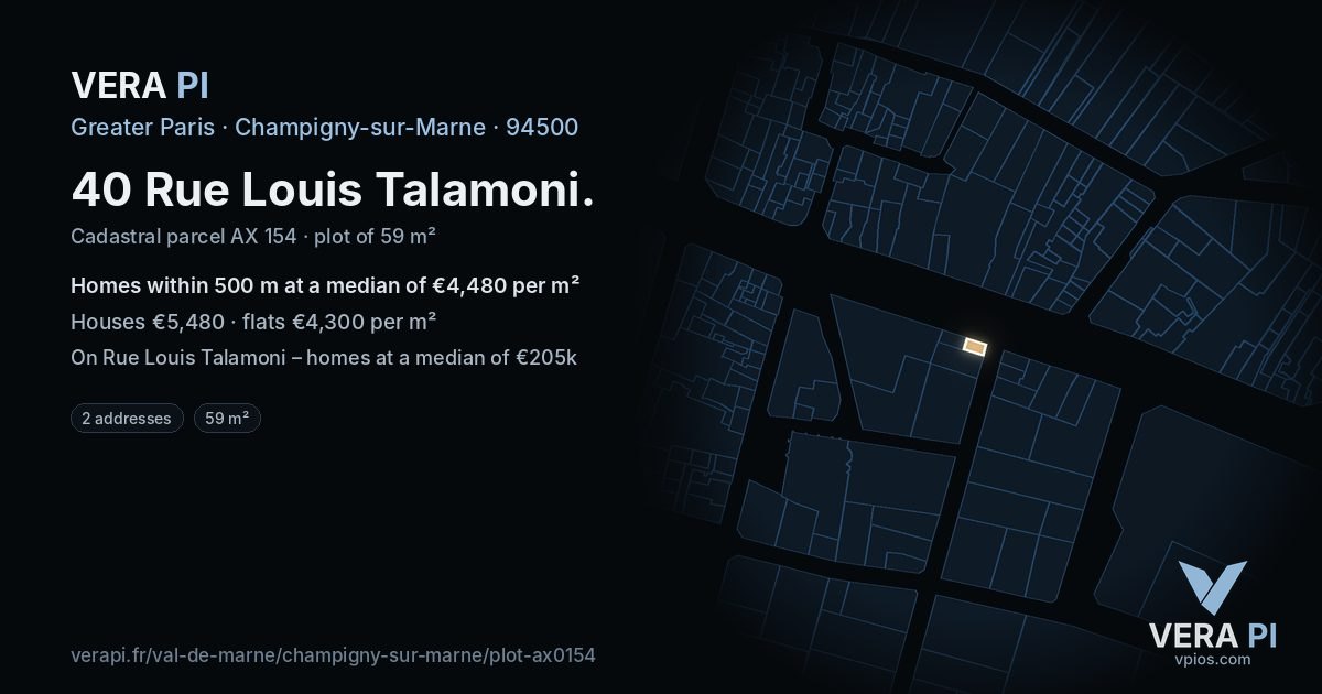 40 Rue Louis Talamoni, Champigny-sur-Marne at night – the plot lit, the parcels around coloured by the prices near them