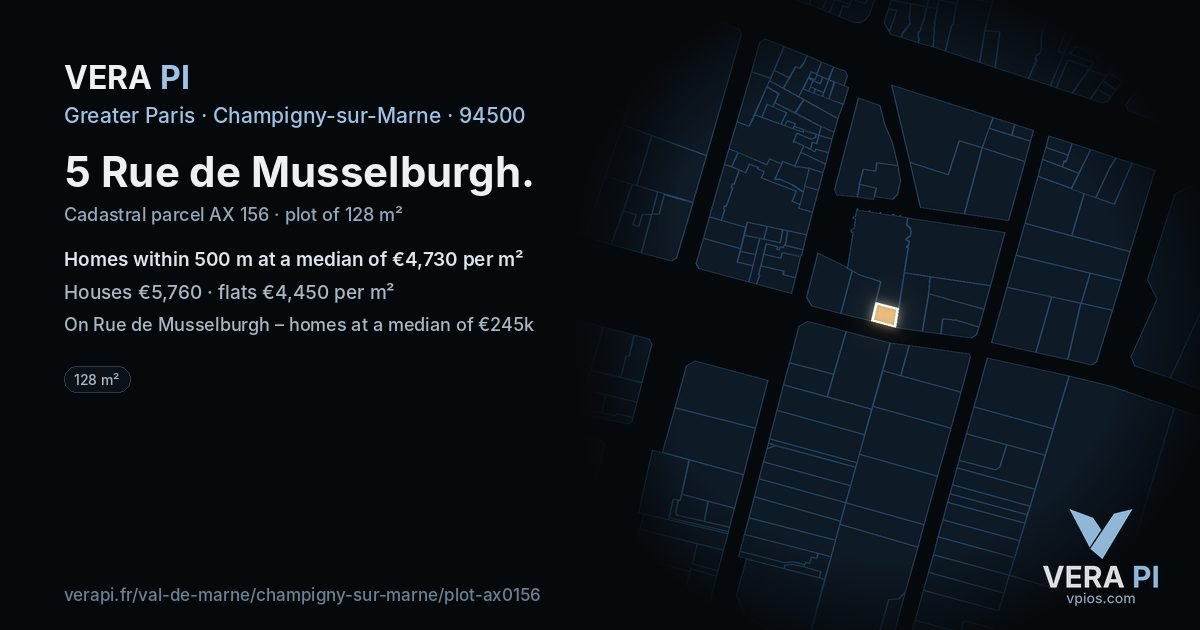 5 Rue de Musselburgh, Champigny-sur-Marne at night – the plot lit, the parcels around coloured by the prices near them