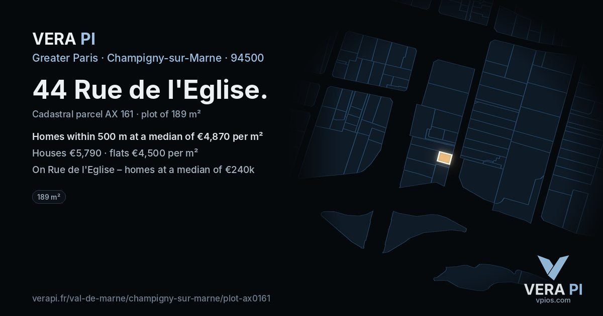 44 Rue de l'Eglise, Champigny-sur-Marne at night – the plot lit, the parcels around coloured by the prices near them
