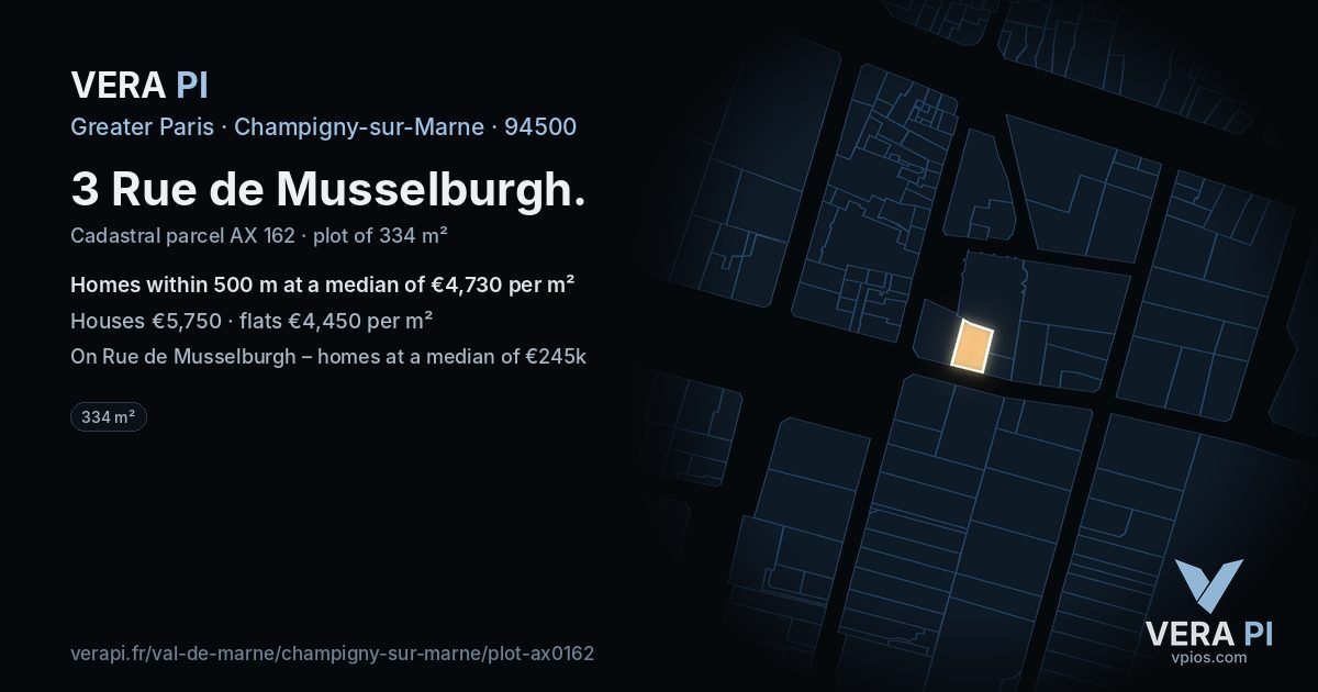 3 Rue de Musselburgh, Champigny-sur-Marne at night – the plot lit, the parcels around coloured by the prices near them