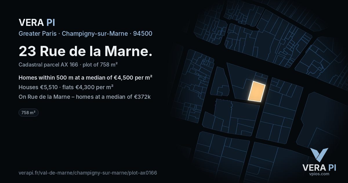 23 Rue de la Marne, Champigny-sur-Marne at night – the plot lit, the parcels around coloured by the prices near them