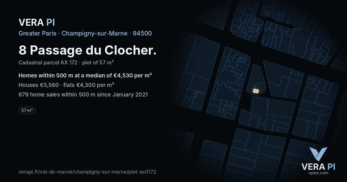 8 Passage du Clocher, Champigny-sur-Marne at night – the plot lit, the parcels around coloured by the prices near them