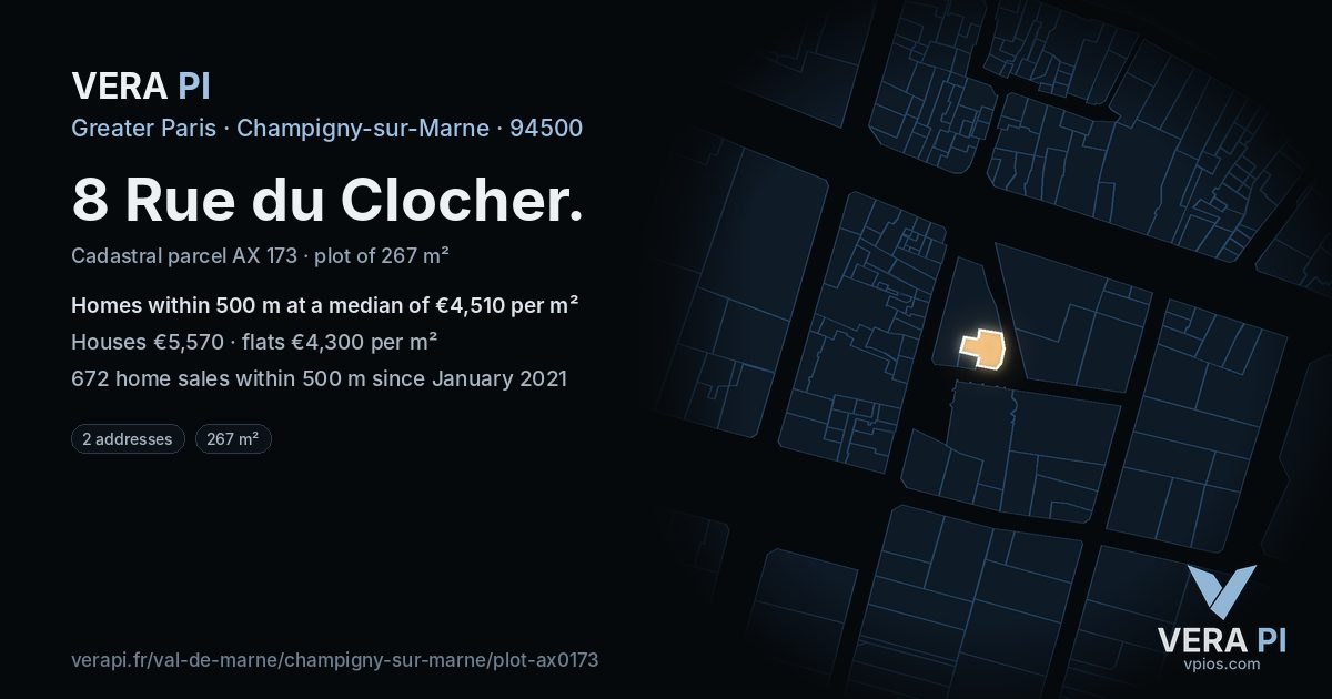 8 Rue du Clocher, Champigny-sur-Marne at night – the plot lit, the parcels around coloured by the prices near them