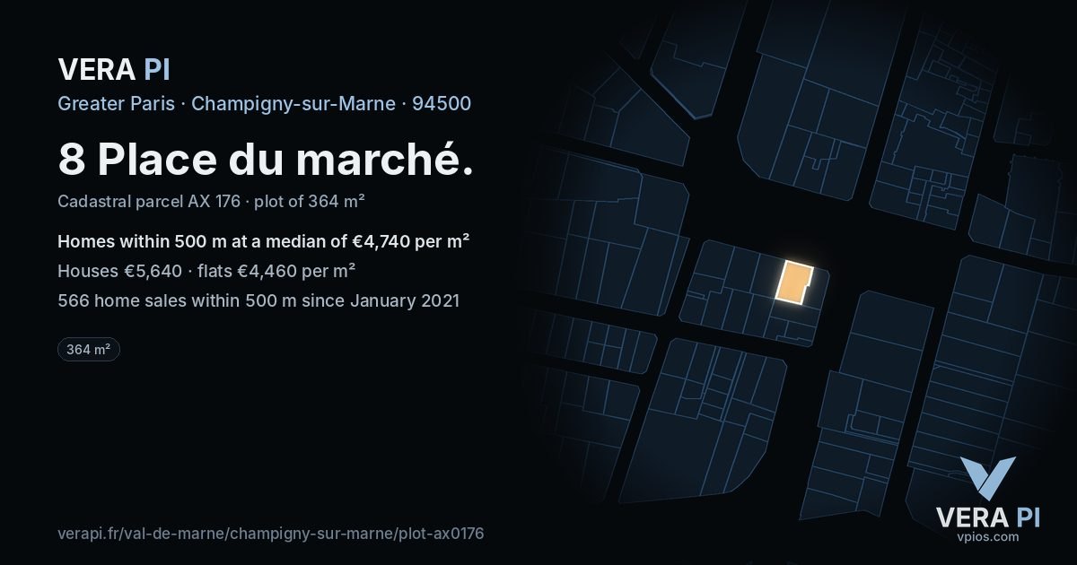 8 Place du marché, Champigny-sur-Marne at night – the plot lit, the parcels around coloured by the prices near them