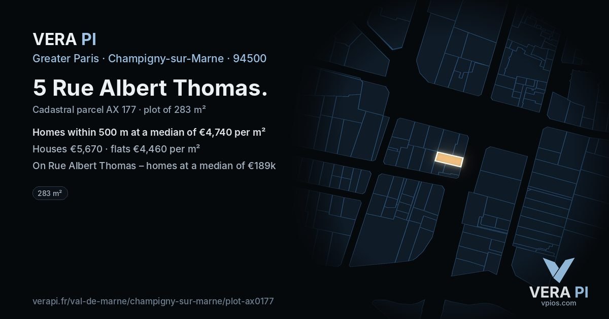 5 Rue Albert Thomas, Champigny-sur-Marne at night – the plot lit, the parcels around coloured by the prices near them