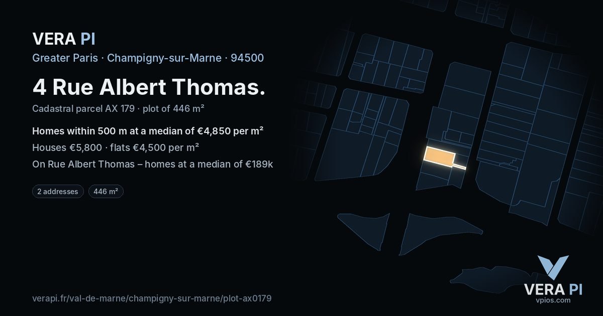 4 Rue Albert Thomas, Champigny-sur-Marne at night – the plot lit, the parcels around coloured by the prices near them