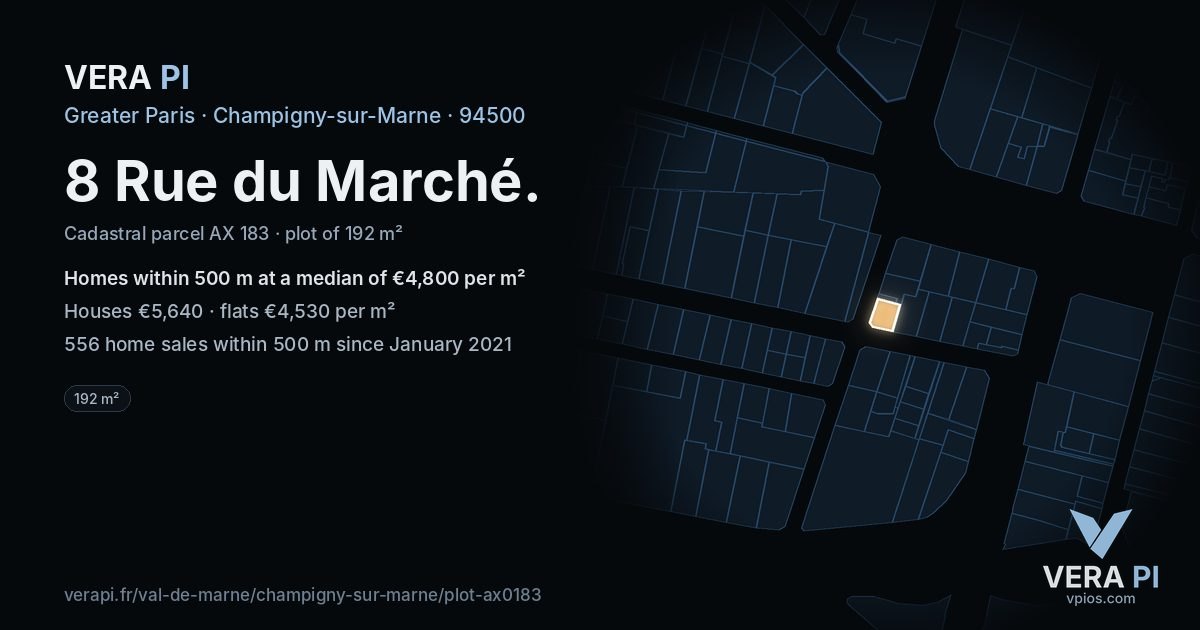 8 Rue du Marché, Champigny-sur-Marne at night – the plot lit, the parcels around coloured by the prices near them